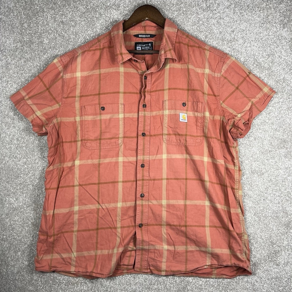 Carhartt Rugged Flex Men's 2XL Orange Plaid Shirt Short Sleeve Relaxed Summer